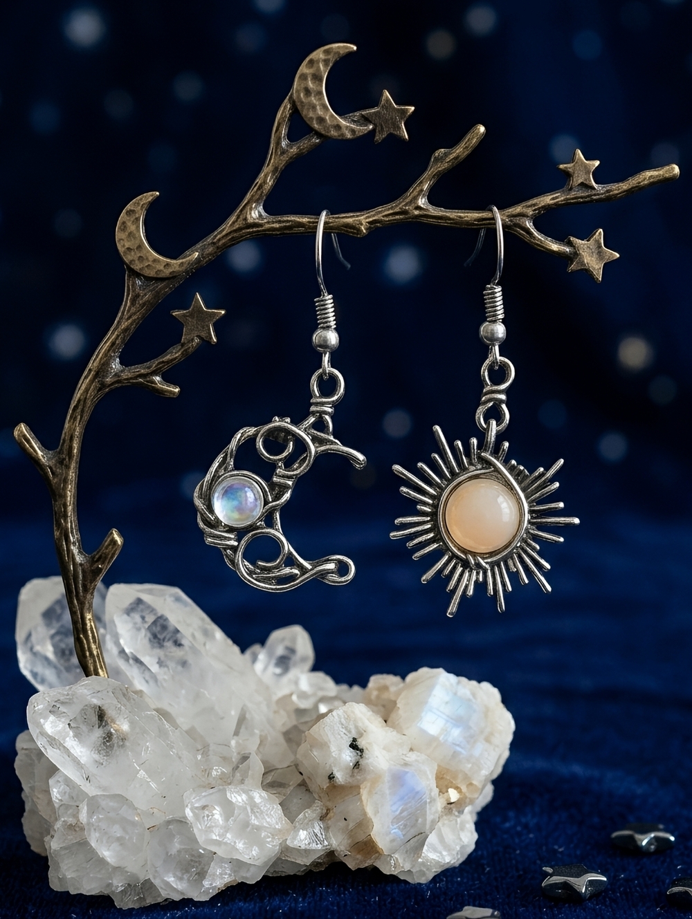 Silver Plated Sun Moon Earrings Asymmetrical Celestial Boho Wire Wrapped Dangle